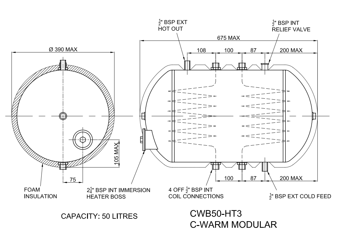 CWarm Water Storage Heater 50 Litres TekTanks